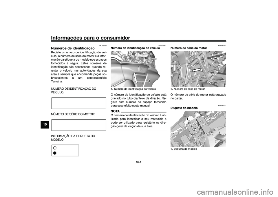 YAMAHA TRACER 900 2021  Manual de utilização (in Portuguese) Informações para o consumidor
10-1
10
PAU53562
Números  de i dentificaçãoRegiste o número de identificação do veí-
culo, o número de série do motor e a infor-
mação da etiqueta do modelo 