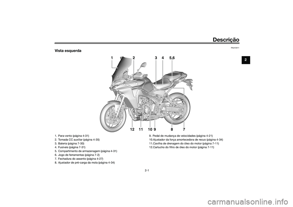 YAMAHA TRACER 900 2021  Manual de utilização (in Portuguese) Descrição
2-1
2
PAU10411
Vista esquerda
3
1
2
4
5,6
1112
9
10 78
1. Para-vento (página 4-31)
2. Tomada CC auxiliar (página 4-35)
3. Bateria (página 7-30)
4. Fusíveis (página 7-31)
5. Compartime