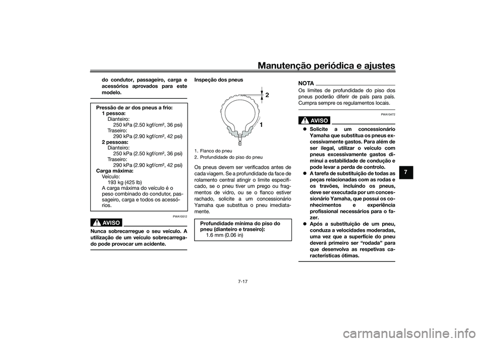 YAMAHA TRACER 900 2021 Manual de utilização (in Portuguese) Manutenção periódica e ajustes
7-17
7
do con dutor, passageiro, carga e
acessórios aprova dos para este
mo delo.AVISO
PWA10512
Nunca sobrecarregue o seu veículo. A
utilização de um veículo so YAMAHA TRACER 900 2021 Manual de utilização (in Portuguese) Manutenção periódica e ajustes
7-17
7
do con dutor, passageiro, carga e
acessórios aprova dos para este
mo delo.AVISO
PWA10512
Nunca sobrecarregue o seu veículo. A
utilização de um veículo so