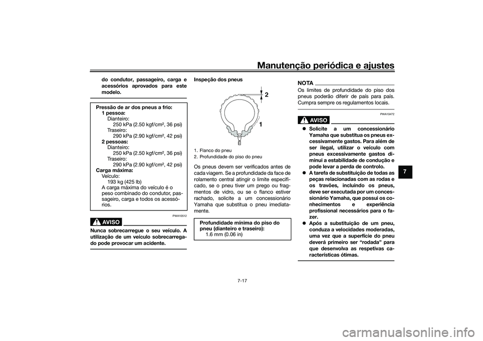 YAMAHA TRACER 900 2021  Manual de utilização (in Portuguese) Manutenção periódica e ajustes
7-17
7
do con dutor, passageiro, carga e
acessórios aprova dos para este
mo delo.AVISO
PWA10512
Nunca sobrecarregue o seu veículo. A
utilização  de um veículo so