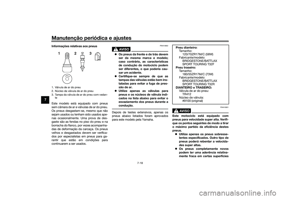 YAMAHA TRACER 900 2021 Manual de utilização (in Portuguese) Manutenção periódica e ajustes
7-18
7
Informações relativas aos pneus
Este modelo está equipado com pneus
sem câmara de ar e válvulas de ar do pneu.
Os pneus desgastam-se, mesmo que não
sejam YAMAHA TRACER 900 2021 Manual de utilização (in Portuguese) Manutenção periódica e ajustes
7-18
7
Informações relativas aos pneus
Este modelo está equipado com pneus
sem câmara de ar e válvulas de ar do pneu.
Os pneus desgastam-se, mesmo que não
sejam