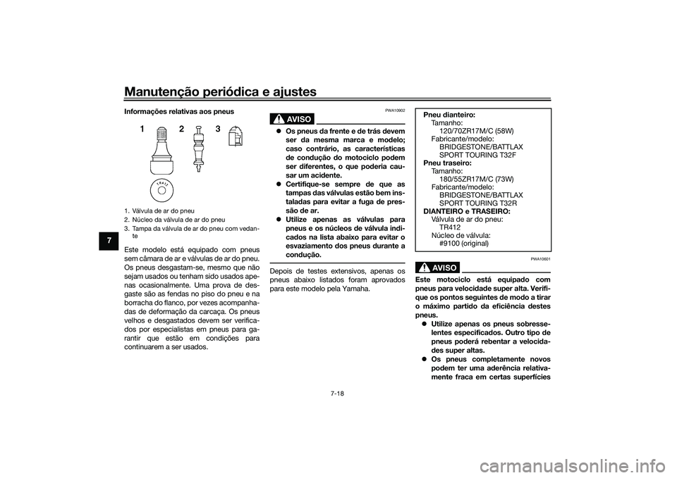 YAMAHA TRACER 900 2021  Manual de utilização (in Portuguese) Manutenção periódica e ajustes
7-18
7
Informações relativas aos pneus
Este modelo está equipado com pneus
sem câmara de ar e válvulas de ar do pneu.
Os pneus desgastam-se, mesmo que não
sejam