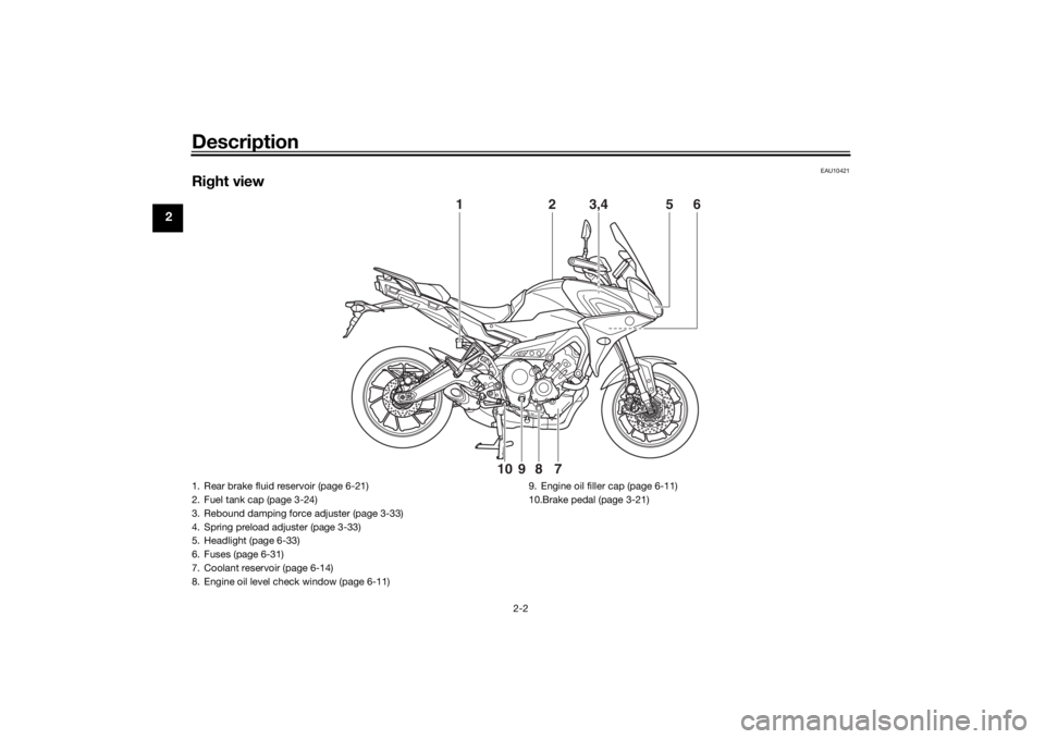 YAMAHA TRACER 900 2020 Owners Manual Description
2-2
2
EAU10421
Right view
1
2
3,4
5
6
7
8
9
10
1. Rear brake fluid reservoir (page 6-21)
2. Fuel tank cap (page 3-24)
3. Rebound damping force adjuster (page 3-33)
4. Spring preload adjust YAMAHA TRACER 900 2020 Owners Manual Description
2-2
2
EAU10421
Right view
1
2
3,4
5
6
7
8
9
10
1. Rear brake fluid reservoir (page 6-21)
2. Fuel tank cap (page 3-24)
3. Rebound damping force adjuster (page 3-33)
4. Spring preload adjust