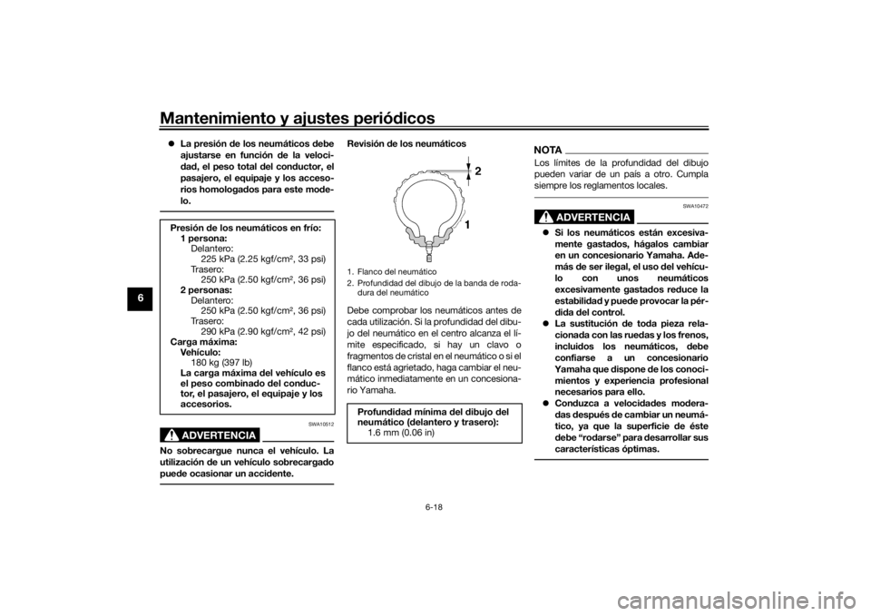 YAMAHA TRACER 900 2018  Manuale de Empleo (in Spanish) Mantenimiento y ajustes periódicos
6-18
6
 La presión d e los neumáticos d ebe
ajustarse en función  de la veloci-
d ad , el peso total  del con ductor, el
pasajero, el equipaje y los acceso-
r