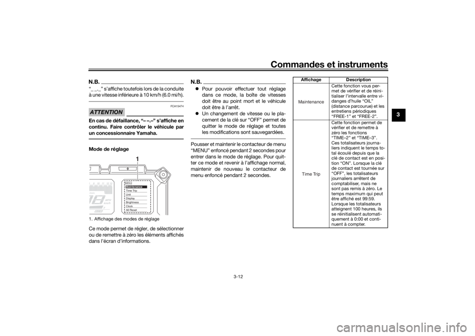 YAMAHA TRACER 900 2018  Notices Demploi (in French) Commandes et instruments
3-12
3
N.B.“_ _._” s’affiche toutefois lors de la conduite
à une vitesse inférieure à 10 km/h (6.0 mi/h).ATTENTION
FCA15474
En cas  de  défaillance, “– –.–�