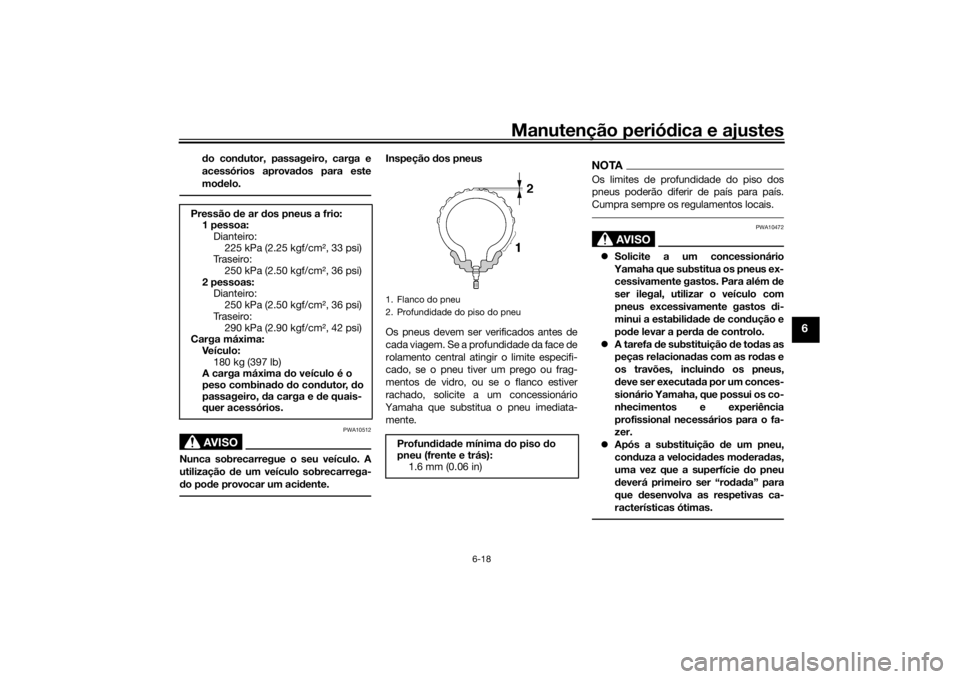 YAMAHA TRACER 900 2018 Manual de utilização (in Portuguese) Manutenção periódica e ajustes
6-18
6
do con dutor, passageiro, carga e
acessórios aprova dos para este
mo delo.AVISO
PWA10512
Nunca sobrecarregue o seu veículo. A
utilização de um veículo so YAMAHA TRACER 900 2018 Manual de utilização (in Portuguese) Manutenção periódica e ajustes
6-18
6
do con dutor, passageiro, carga e
acessórios aprova dos para este
mo delo.AVISO
PWA10512
Nunca sobrecarregue o seu veículo. A
utilização de um veículo so