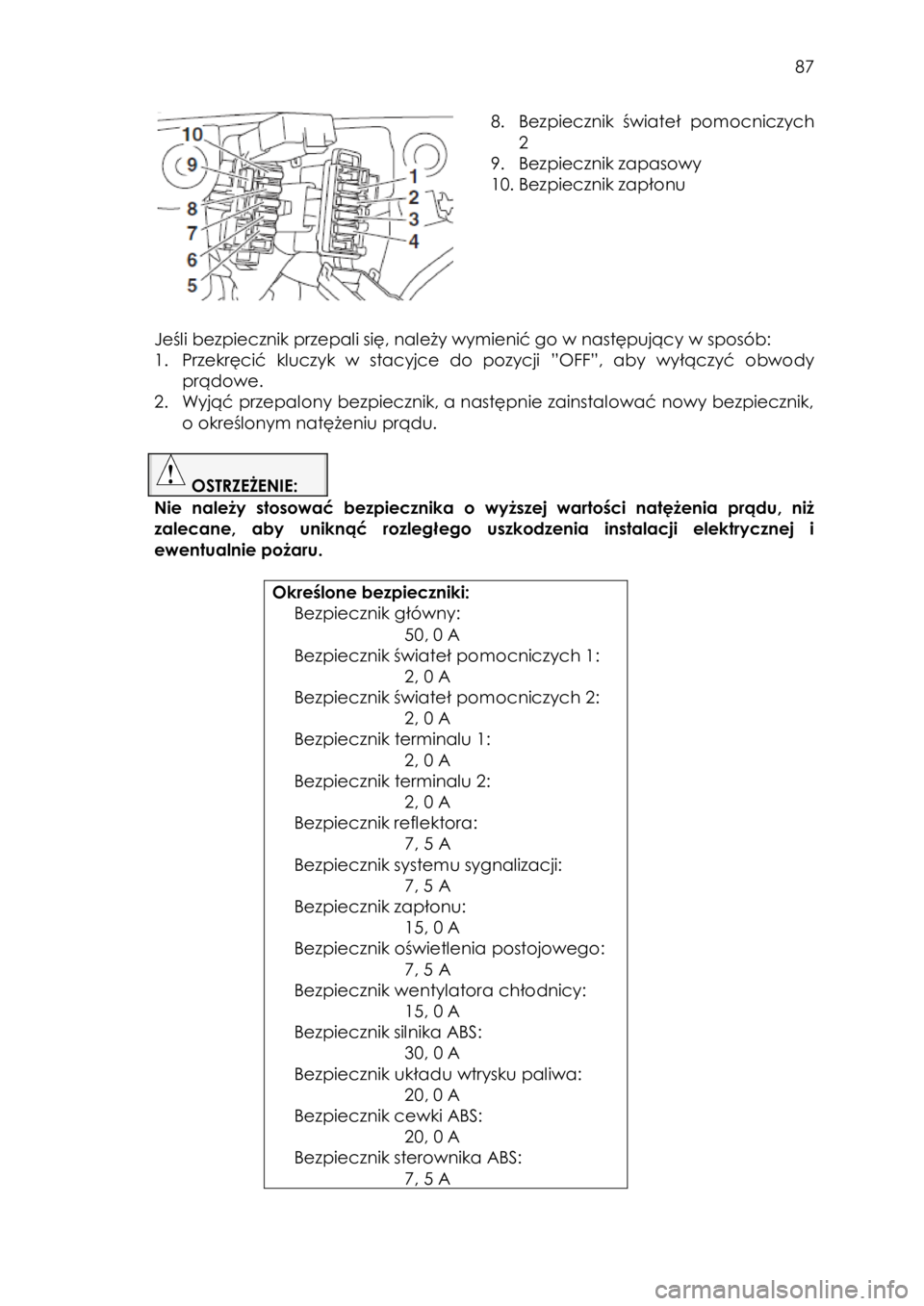 YAMAHA TRACER 900 2016  Instrukcja obsługi (in Polish)  
   
87 
 
 
8. Bezpiecznik  świateł=pomocniczych=
O=
9. Bezpiecznik zapasowy 
10. Bezpiecznik zapłonu =
=
Jeśli bezpiecznik przepali się, należy wymienić go w następujący w sposób: 
1. Prz