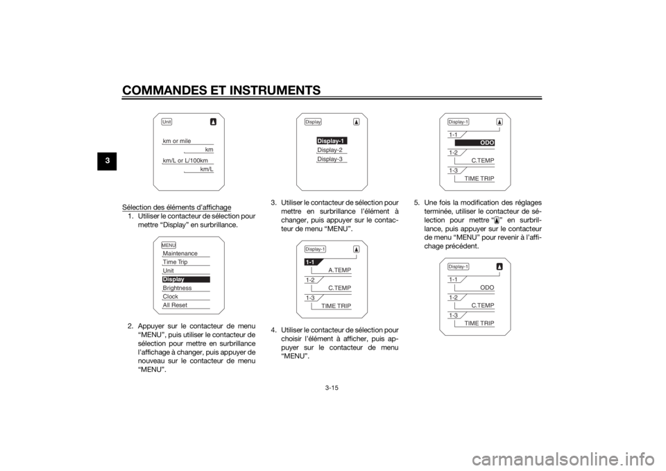 YAMAHA TRACER 900 2015  Notices Demploi (in French) COMMANDES ET INSTRUMENTS
3-15
3
Sélection des éléments d’affichage1. Utiliser le contacteur de sélection pourmettre “Display” en surbrillance.
2. Appuyer sur le contacteur de menu “MENU”