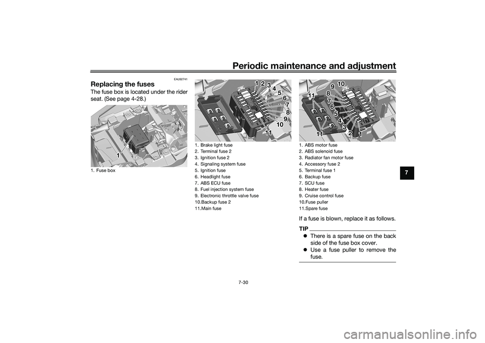 YAMAHA TRACER 900 GT 2021  Owners Manual Periodic maintenance an d a djustment
7-30
7
EAU92741
Replacin g the fusesThe fuse box is located under the rider
seat. (See page 4-28.)
If a fuse is blown, replace it as follows.
TIPThere is a spa