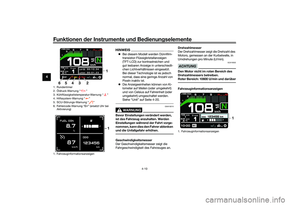 YAMAHA TRACER 900 GT 2021  Betriebsanleitungen (in German) Funktionen der Instru mente un d Be dienun gselemente
4-10
4
HINWEIS Bei diesem Modell werden Dünnfilm-
transistor-Flüssigkristallanzeigen 
(TFT-LCD) zur kontrastreichen und 
gut lesbaren Anzeige