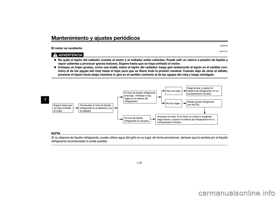 YAMAHA TRACER 900 GT 2021  Manuale de Empleo (in Spanish) Mantenimiento y ajustes periódicos
7-37
7
SAU86420
El motor se recalienta
ADVERTENCIA
SWAT1041
 No quite el tapón  del ra dia dor cuan do el motor y el ra dia dor estén calientes. Pue de salir u