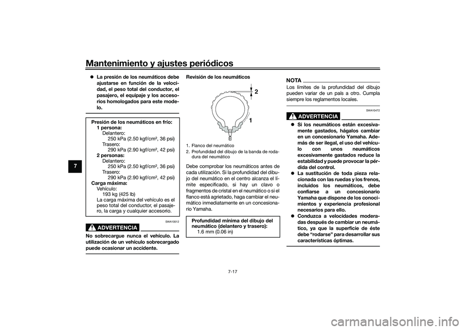 YAMAHA TRACER 900 GT 2021  Manuale de Empleo (in Spanish) Mantenimiento y ajustes periódicos
7-17
7
 La presión d e los neumáticos d ebe
ajustarse en función d e la veloci-
d ad , el peso total  del con ductor, el
pasajero, el equipaje y los acceso-
r