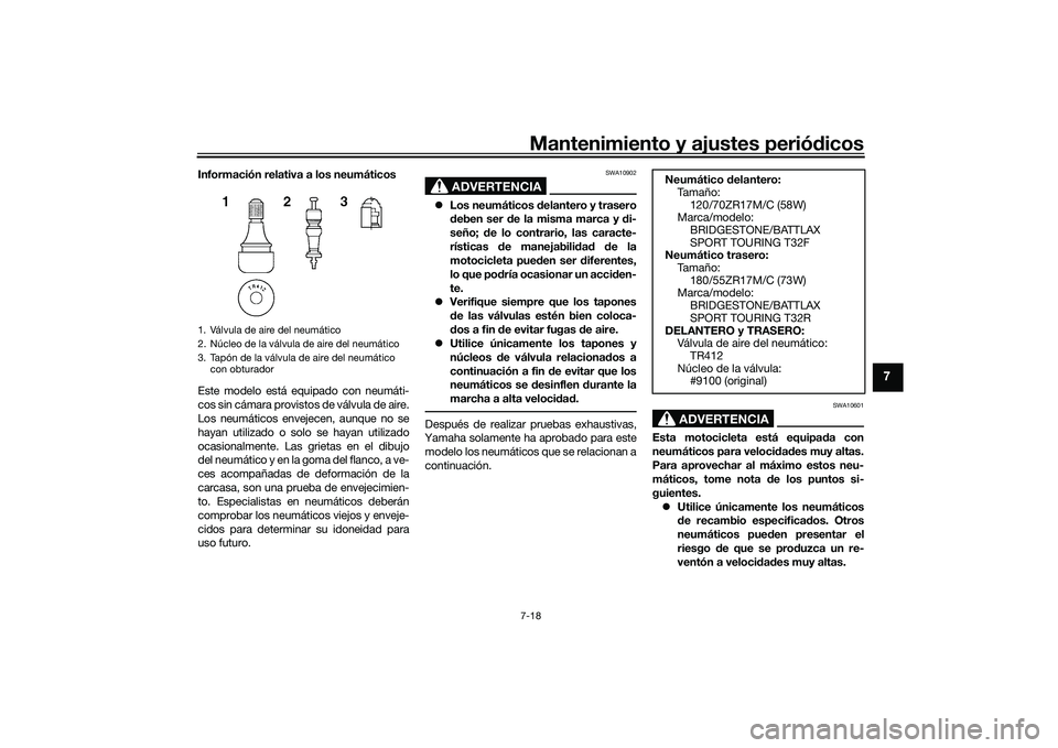 YAMAHA TRACER 900 GT 2021 Manuale de Empleo (in Spanish) Mantenimiento y ajustes periódicos7-18
7
Información relativa a los neumáticos
Este modelo está equipado con neumáti-
cos sin cámara provistos de válvula de aire.
Los neumáticos envejecen, aun YAMAHA TRACER 900 GT 2021 Manuale de Empleo (in Spanish) Mantenimiento y ajustes periódicos7-18
7
Información relativa a los neumáticos
Este modelo está equipado con neumáti-
cos sin cámara provistos de válvula de aire.
Los neumáticos envejecen, aun