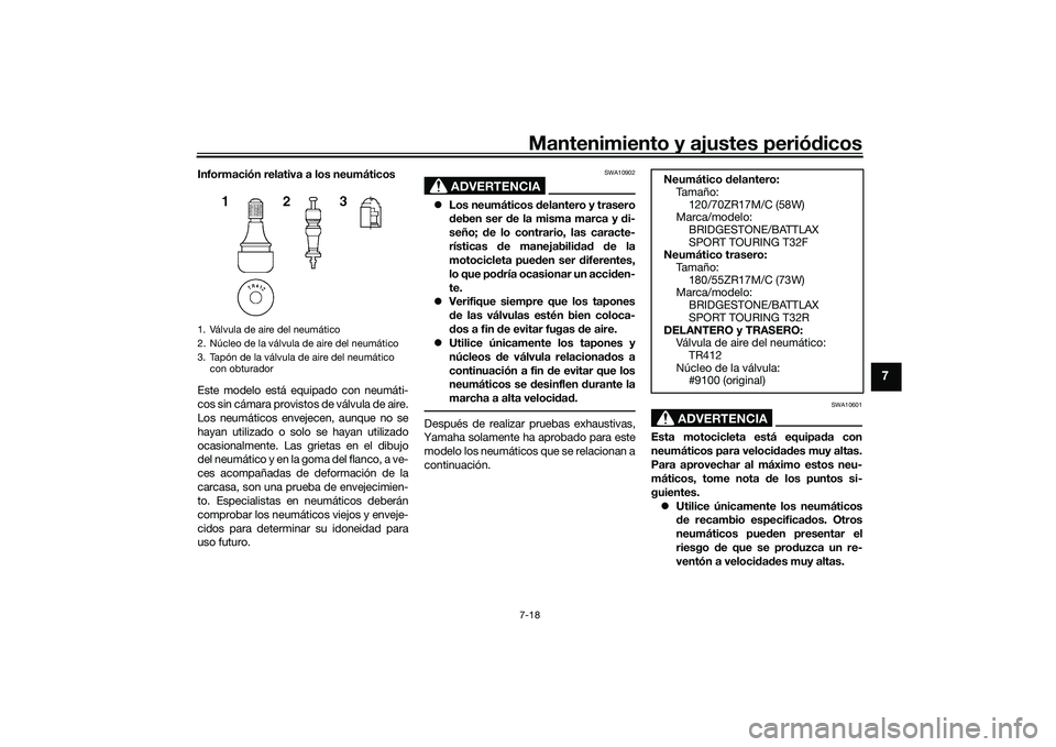 YAMAHA TRACER 900 GT 2021  Manuale de Empleo (in Spanish) Mantenimiento y ajustes periódicos7-18
7
Información relativa a los neumáticos
Este modelo está equipado con neumáti-
cos sin cámara provistos de válvula de aire.
Los neumáticos envejecen, aun