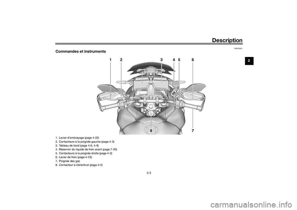 YAMAHA TRACER 900 GT 2021 Notices Demploi (in French) Description
2-3
2
FAU10431
Commandes et instruments
3
1
2
4
5
6
7
8 8 8
1. Levier d’embrayage (page 4-22)
2. Contacteurs à la poig née gauche (page 4-3)
3. Tableau de bord (page 4-6, 4-9)
4. Rése YAMAHA TRACER 900 GT 2021 Notices Demploi (in French) Description
2-3
2
FAU10431
Commandes et instruments
3
1
2
4
5
6
7
8 8 8
1. Levier d’embrayage (page 4-22)
2. Contacteurs à la poig née gauche (page 4-3)
3. Tableau de bord (page 4-6, 4-9)
4. Rése