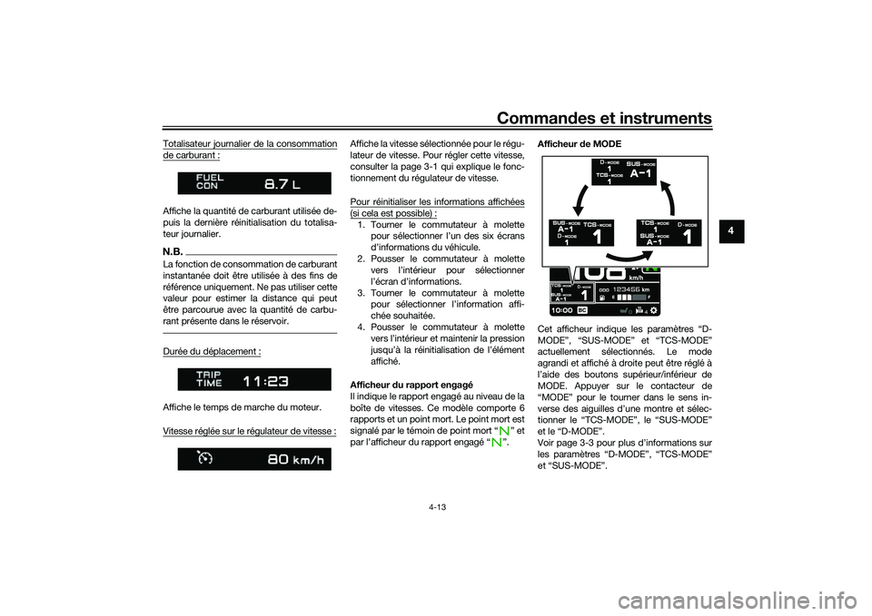 YAMAHA TRACER 900 GT 2021  Notices Demploi (in French) Commandes et instruments
4-13
4
Totalisateur journalier de la consommationde carburant :Affiche la quantité de carburant utilisée de-
puis la dernière réinit ialisation du totalisa-
teur journalie