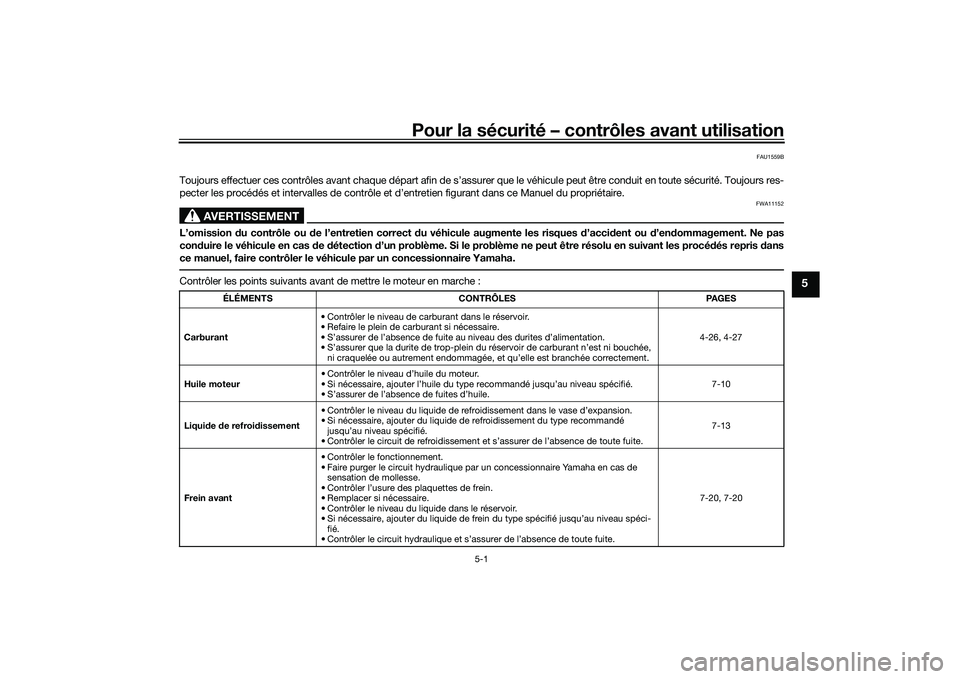 YAMAHA TRACER 900 GT 2021 Notices Demploi (in French) Pour la sécurité – contrôles avant utilisation
5-1
5
FAU1559B
Toujours effectuer ces contrôles avant chaque départ afin de s’assurer que le véhicule peut être conduit en toute sécurité. T YAMAHA TRACER 900 GT 2021 Notices Demploi (in French) Pour la sécurité – contrôles avant utilisation
5-1
5
FAU1559B
Toujours effectuer ces contrôles avant chaque départ afin de s’assurer que le véhicule peut être conduit en toute sécurité. T