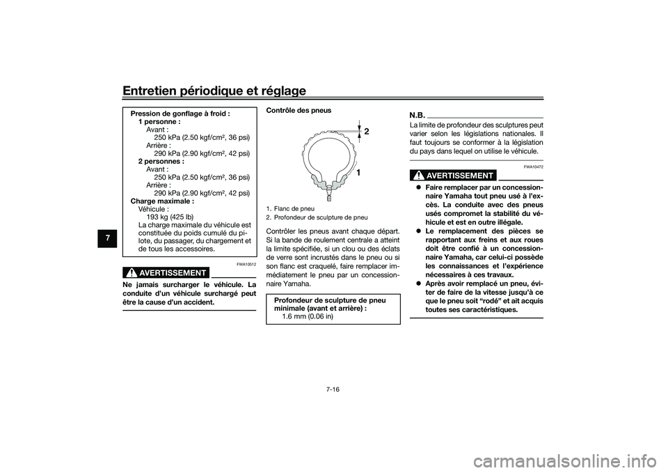 YAMAHA TRACER 900 GT 2021 Notices Demploi (in French) Entretien périodique et réglage
7-16
7
AVERTISSEMENT
FWA10512
Ne jamais surcharger le véhicule. La
con duite d’un véhicule surchargé peut
être la cause d’un acci dent.
Contrôle des pneus YAMAHA TRACER 900 GT 2021 Notices Demploi (in French) Entretien périodique et réglage
7-16
7
AVERTISSEMENT
FWA10512
Ne jamais surcharger le véhicule. La
con duite d’un véhicule surchargé peut
être la cause d’un acci dent.
Contrôle des pneus