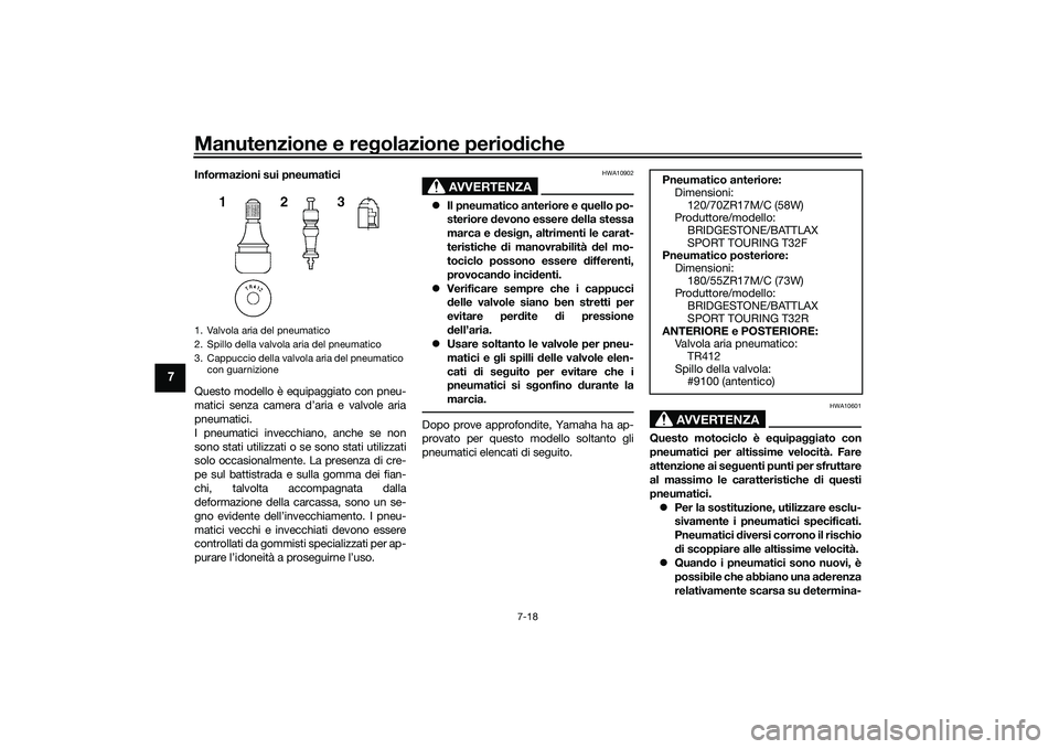 YAMAHA TRACER 900 GT 2021  Manuale duso (in Italian) Manutenzione e regolazione perio diche
7-18
7
Informazioni sui pneumatici
Questo modello è equipaggiato con pneu-
matici senza camera d’aria e valvole aria
pneumatici.
I pneumatici invecchiano, anc