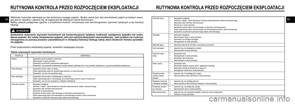 YAMAHA TRACER 900 GT 2021  Instrukcja obsługi (in Polish) 5455
RUTYNOWA KONTROLA PRZED ROZPOCZĘCIEM EKSPLOATACJI
Właściciel motocykla odpowiada za stan techniczny swojego pojazdu. Bardzo ważne jest, aby skontrolować pojazd za każdym razem, gdy jest on 