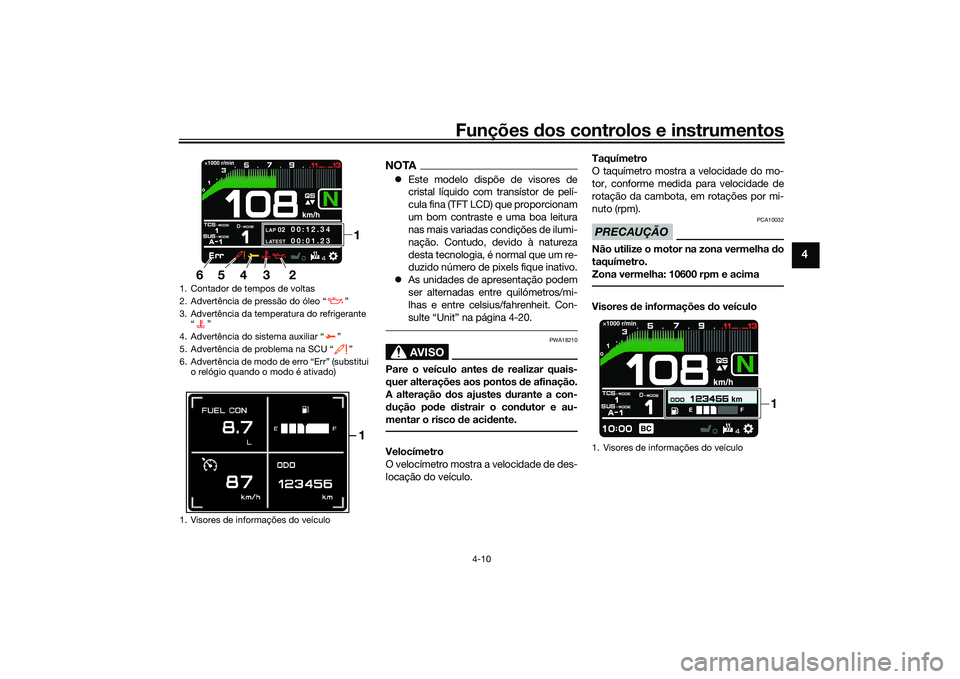 YAMAHA TRACER 900 GT 2021 Manual de utilização (in Portuguese) Funções dos controlos e instrumentos
4-10
4
NOTAEste modelo dispõe de visores de
cristal líquido com transístor de pelí-
cula fina (TFT LCD) que proporcionam
um bom contraste e uma boa leitur YAMAHA TRACER 900 GT 2021 Manual de utilização (in Portuguese) Funções dos controlos e instrumentos
4-10
4
NOTAEste modelo dispõe de visores de
cristal líquido com transístor de pelí-
cula fina (TFT LCD) que proporcionam
um bom contraste e uma boa leitur