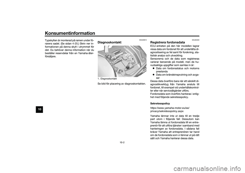 YAMAHA TRACER 900 GT 2021  Bruksanvisningar (in Swedish) Konsumentinformation
10-2
10
Typskylten är monterad på ramen under fö-
rarens sadel. (Se sidan 4-25.) Skriv ner in-
formationen på denna skylt i utrymmet för
det. Du behöver denna information n�