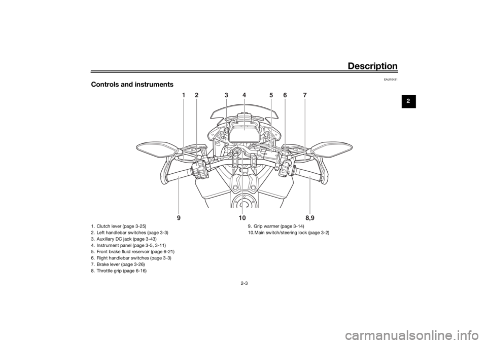 YAMAHA TRACER 900 GT 2019 User Guide Description
2-3
2
EAU10431
Controls and instruments
1
2
78,9
9
10
6
5
3
4
1. Clutch lever (page 3-25)
2. Left handlebar switches (page 3-3)
3. Auxiliary DC jack (page 3-43)
4. Instrument panel (page 3 YAMAHA TRACER 900 GT 2019 User Guide Description
2-3
2
EAU10431
Controls and instruments
1
2
78,9
9
10
6
5
3
4
1. Clutch lever (page 3-25)
2. Left handlebar switches (page 3-3)
3. Auxiliary DC jack (page 3-43)
4. Instrument panel (page 3