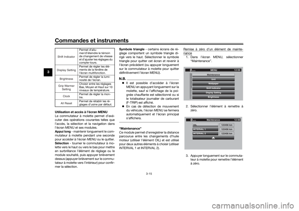 YAMAHA TRACER 900 GT 2019  Notices Demploi (in French) Commandes et instruments
3-15
3
Utilisation et accès à l’écran MENU
Le commutateur à molette permet d’exé-
cuter des opérations courantes telles que
l’accès, la sélection et la navigatio
