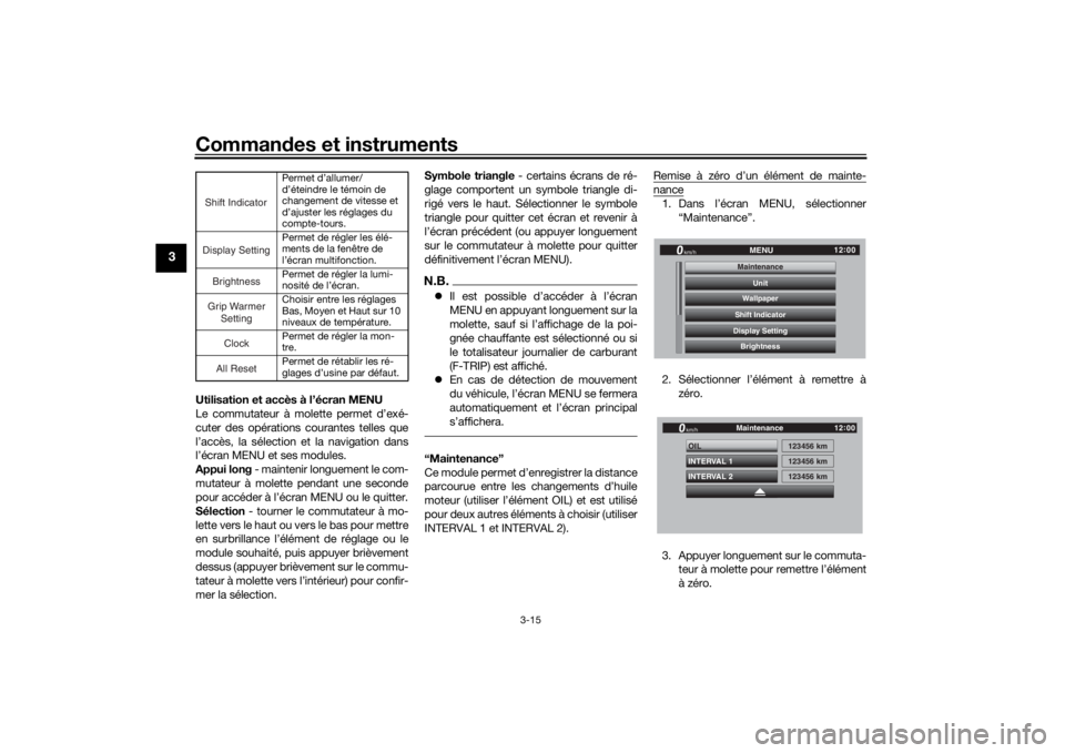 YAMAHA TRACER 900 GT 2018  Notices Demploi (in French) Commandes et instruments
3-15
3
Utilisation et accès à l’écran MENU
Le commutateur à molette permet d’exé-
cuter des opérations courantes telles que
l’accès, la sélection et la navigatio