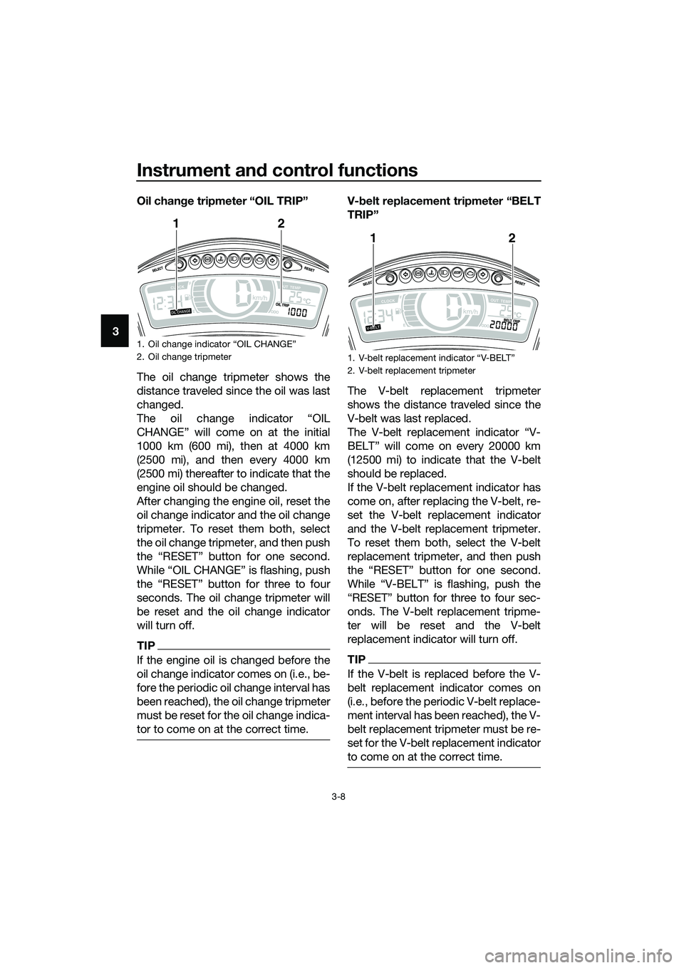 YAMAHA TRICITY 2017  Owners Manual Instrument and control functions
3-8
3Oil change tripmeter “OIL TRIP” 
The oil change tripmeter shows the
distance traveled since the oil was last
changed.
The oil change indicator “OIL
CHANGE�
