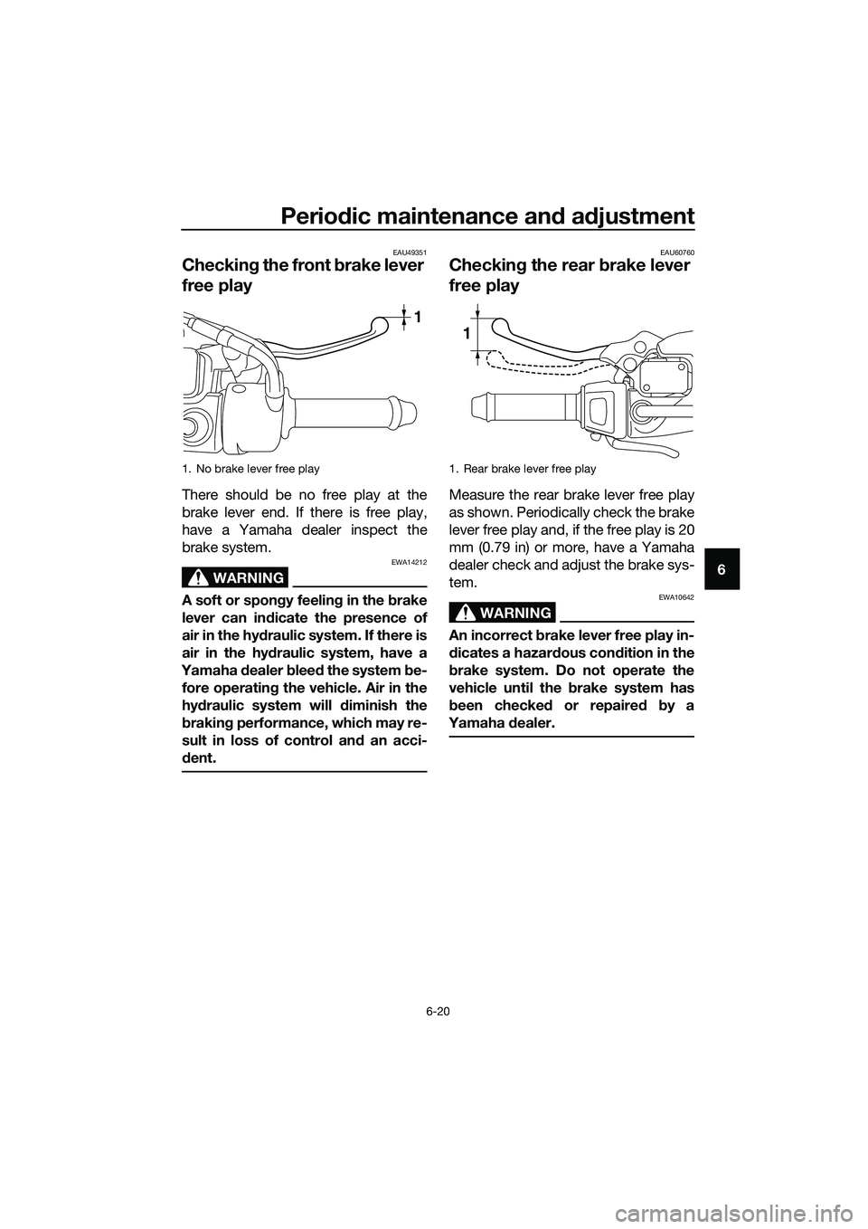 YAMAHA TRICITY 2017 Repair Manual Periodic maintenance and adjustment
6-20
6
EAU49351
Checking the front brake lever 
free play
There should be no free play at the
brake lever end. If there is free play,
have a Yamaha dealer inspect t
