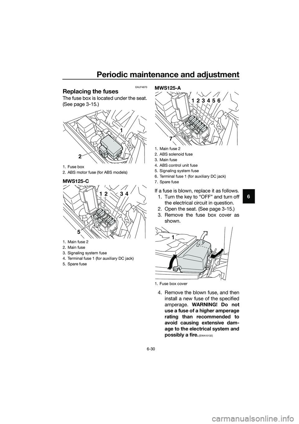 YAMAHA TRICITY 2017 Manual PDF Periodic maintenance and adjustment
6-30
6
EAU74670
Replacing the fuses
The fuse box is located under the seat.
(See page 3-15.)
MWS125-CMWS125-A
If a fuse is blown, replace it as follows.
1. Turn the