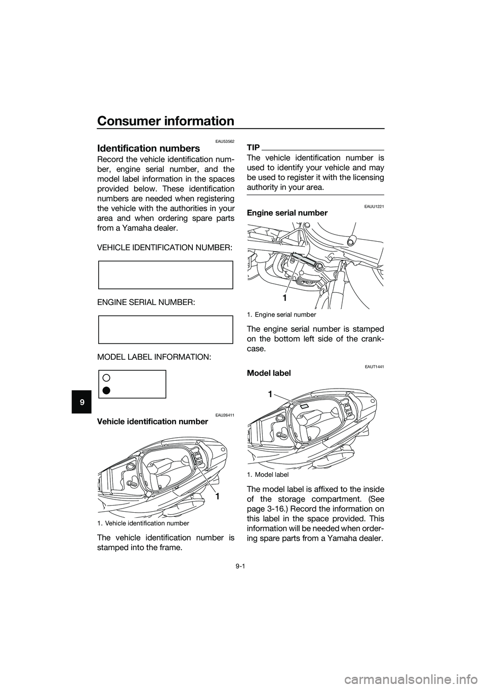 YAMAHA TRICITY 2017 Manual Online Consumer information
9-1
9
EAU53562
Identification numbers
Record the vehicle identification num-
ber, engine serial number, and the
model label information in the spaces
provided below. These identif