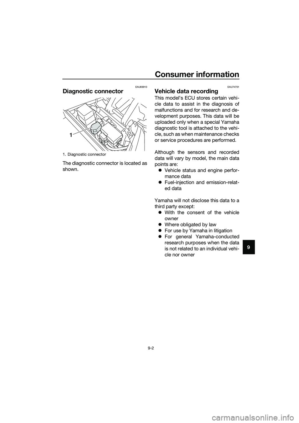 YAMAHA TRICITY 2017 Manual Online Consumer information
9-2
9
EAU69910
Diagnostic connector
The diagnostic connector is located as
shown.
EAU74701
Vehicle data recording
This model’s ECU stores certain vehi-
cle data to assist in the