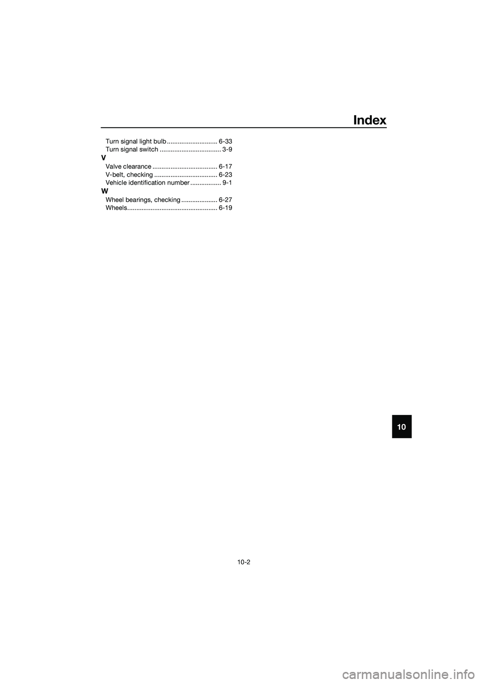 YAMAHA TRICITY 2017  Owners Manual Index
10-2
10
Turn signal light bulb ............................ 6-33
Turn signal switch .................................. 3-9
V
Valve clearance .................................... 6-17
V-belt, che