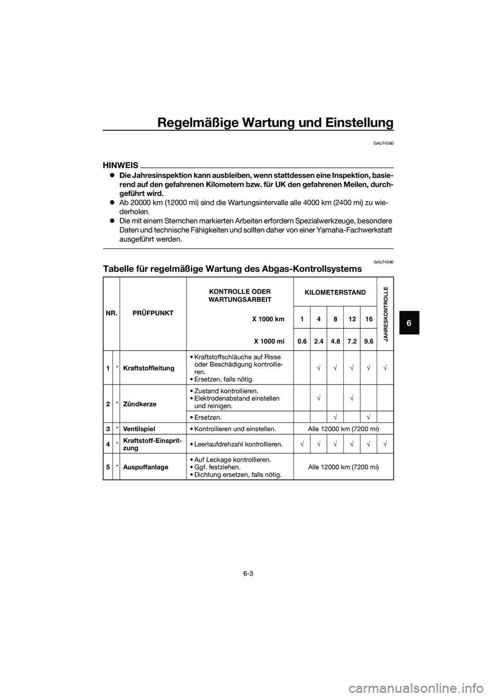 YAMAHA TRICITY 2017  Betriebsanleitungen (in German) Regelmäßige Wartung und Einstellung
6-3
6
GAU74580
HINWEIS
�zDie Jahresinspektion kann ausbleiben, wenn stattdessen eine Inspektion, basie-
rend auf den gefahrenen Kilometern bzw. für UK den gefahr