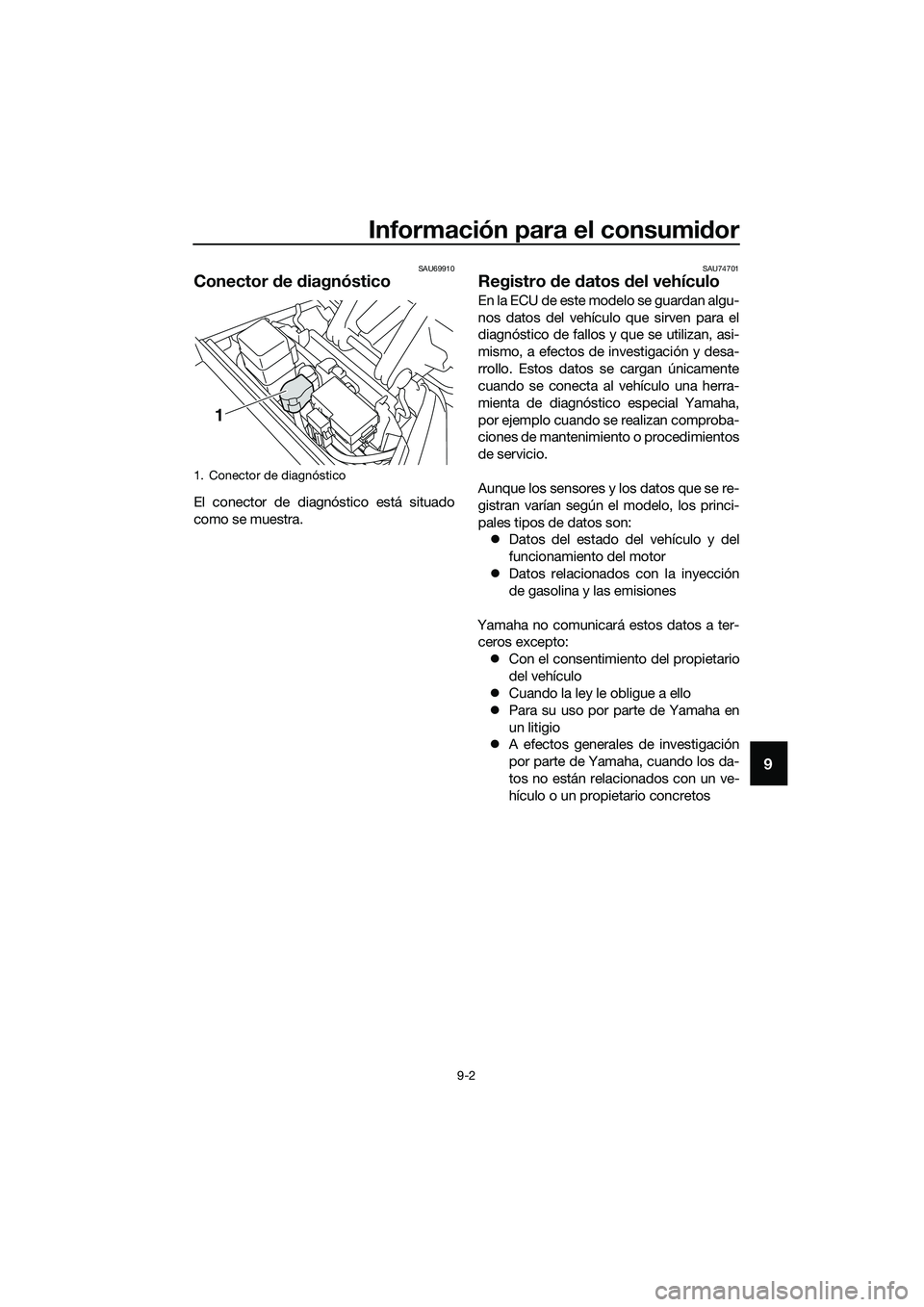 YAMAHA TRICITY 2017  Manuale de Empleo (in Spanish) Información para el consumidor
9-2
9
SAU69910
Conector de diagnóstico
El conector de diagnóstico está situado
como se muestra.
SAU74701
Registro de datos del vehículo
E n  l a E CU  de  es t e m 