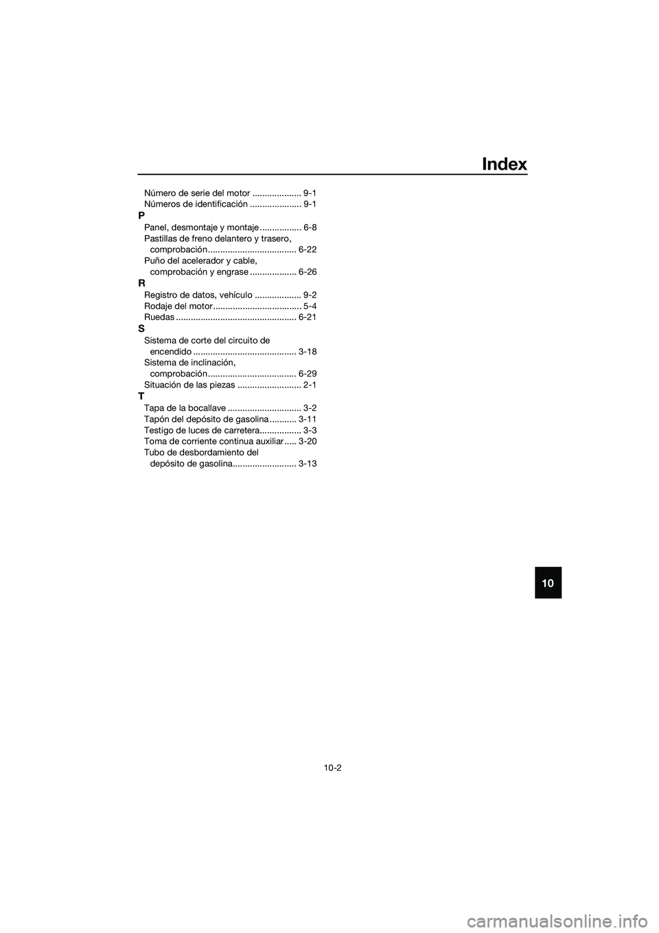 YAMAHA TRICITY 2017  Manuale de Empleo (in Spanish) Index
10-2
10
Número de serie del motor .................... 9-1
Números de identificación ..................... 9-1
P
Panel, desmontaje y montaje ................. 6-8
Pastillas de freno delantero