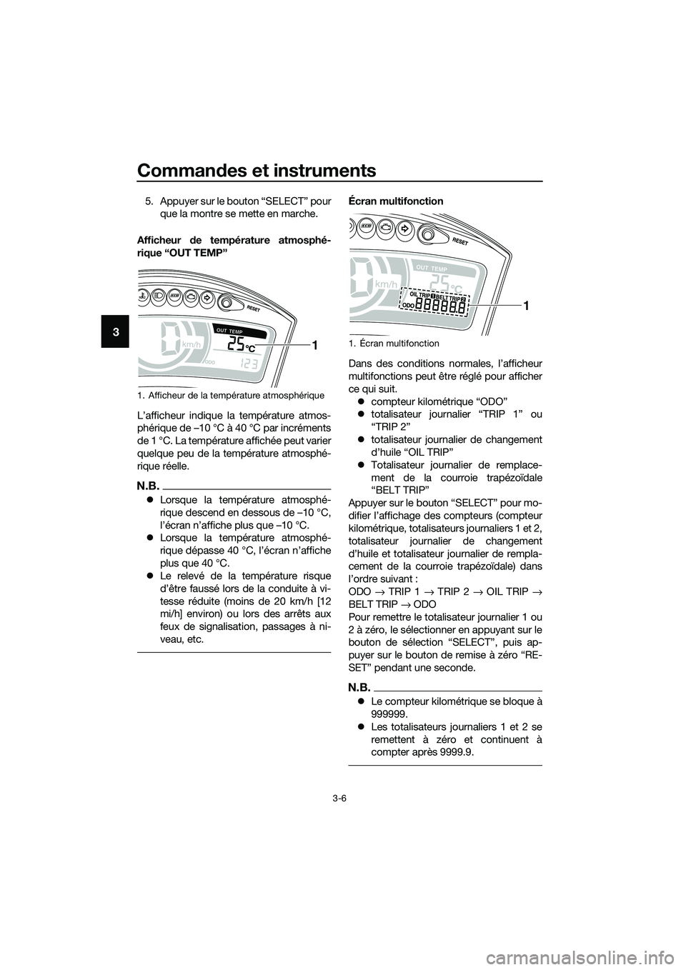 YAMAHA TRICITY 2017  Notices Demploi (in French) Commandes et instruments
3-6
3
5. Appuyer sur le bouton “SELECT” pour
que la montre se mette en marche.
Afficheur de température atmosphé-
rique “OUT TEMP”
L’afficheur indique la températ
