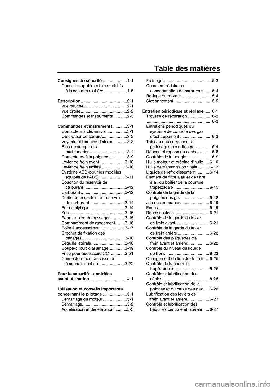 YAMAHA TRICITY 2017 Notices Demploi (in French) Table des matières
Consignes de sécurité.....................1-1
Conseils supplémentaires relatifs
à la sécurité routière ....................1-5
Description.................................. YAMAHA TRICITY 2017 Notices Demploi (in French) Table des matières
Consignes de sécurité.....................1-1
Conseils supplémentaires relatifs
à la sécurité routière ....................1-5
Description..................................