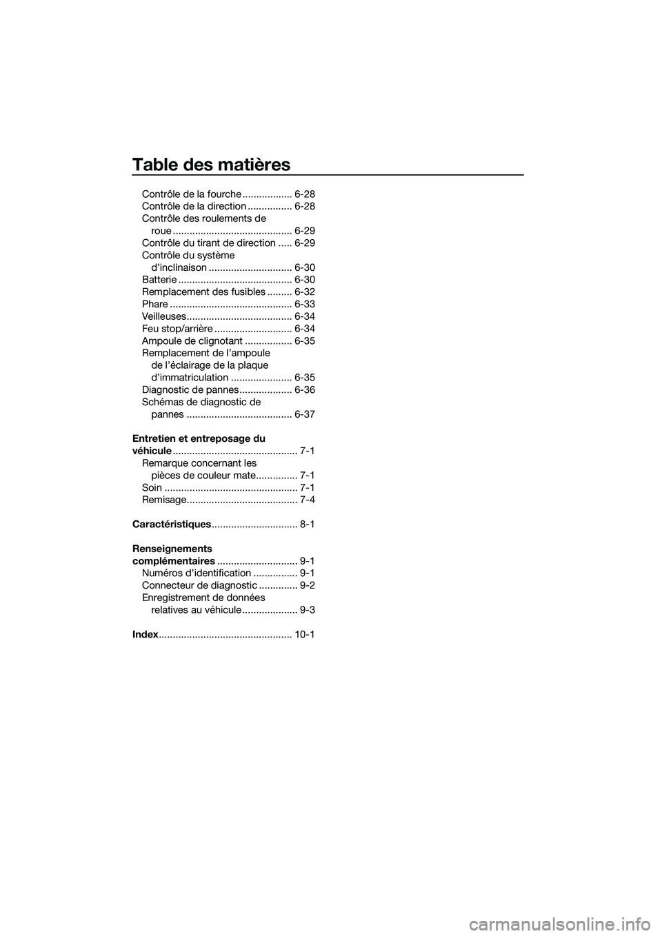 YAMAHA TRICITY 2017 Notices Demploi (in French) Table des matières
Contrôle de la fourche .................. 6-28
Contrôle de la direction ................ 6-28
Contrôle des roulements de
roue ........................................... 6-29
C YAMAHA TRICITY 2017 Notices Demploi (in French) Table des matières
Contrôle de la fourche .................. 6-28
Contrôle de la direction ................ 6-28
Contrôle des roulements de
roue ........................................... 6-29
C