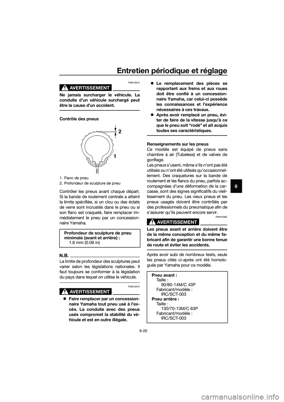 YAMAHA TRICITY 2017 Notices Demploi (in French) Entretien périodique et réglage
6-20
6
AVERTISSEMENT
FWA10512
Ne jamais surcharger le véhicule. La
conduite d’un véhicule surchargé peut
être la cause d’un accident.
Contrôle des pneus
Cont YAMAHA TRICITY 2017 Notices Demploi (in French) Entretien périodique et réglage
6-20
6
AVERTISSEMENT
FWA10512
Ne jamais surcharger le véhicule. La
conduite d’un véhicule surchargé peut
être la cause d’un accident.
Contrôle des pneus
Cont