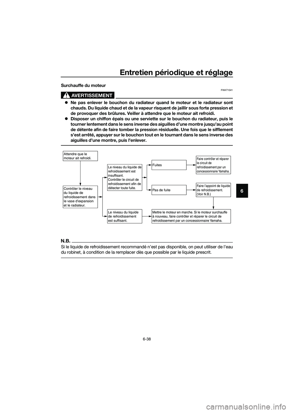 YAMAHA TRICITY 2017  Notices Demploi (in French) Entretien périodique et réglage
6-38
6
Surchauffe du moteur
AVERTISSEMENT
FWAT1041
�zNe pas enlever le bouchon du radiateur quand le moteur et le radiateur sont
chauds. Du liquide chaud et de la vap