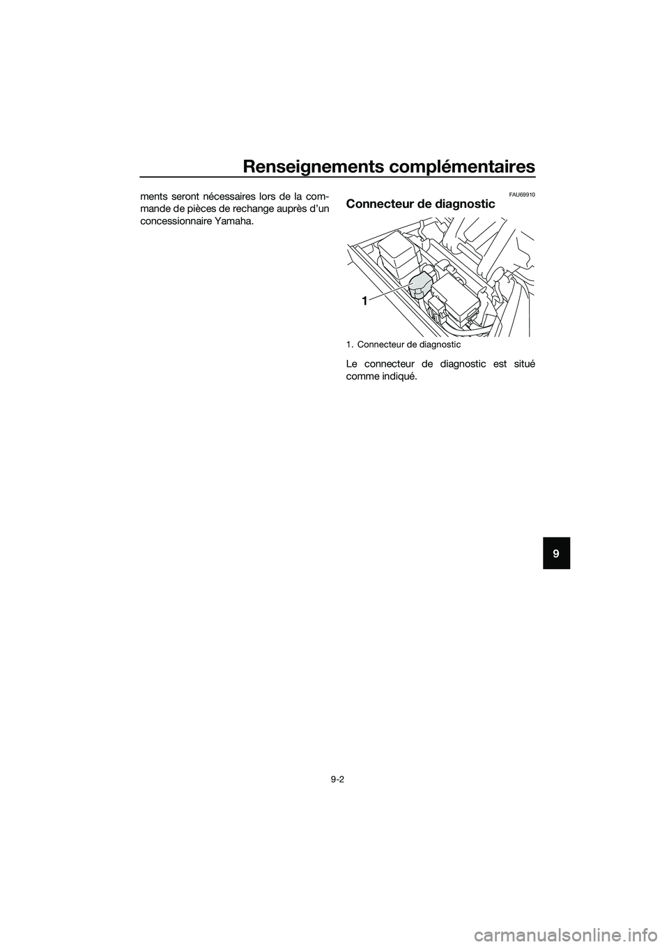 YAMAHA TRICITY 2017 Notices Demploi (in French) Renseignements complémentaires
9-2
9
ments seront nécessaires lors de la com-
mande de pièces de rechange auprès d’un
concessionnaire Yamaha.FAU69910
Connecteur de diagnostic
Le connecteur de di YAMAHA TRICITY 2017 Notices Demploi (in French) Renseignements complémentaires
9-2
9
ments seront nécessaires lors de la com-
mande de pièces de rechange auprès d’un
concessionnaire Yamaha.FAU69910
Connecteur de diagnostic
Le connecteur de di