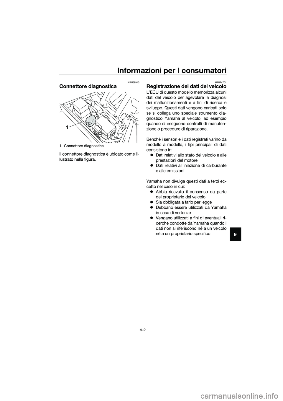 YAMAHA TRICITY 2017  Manuale duso (in Italian) Informazioni per I consumatori
9-2
9
HAU69910
Connettore diagnostica
Il connettore diagnostica è ubicato come il-
lustrato nella figura.
HAU74701
Registrazione dei dati del veicolo
L’ECU di questo 