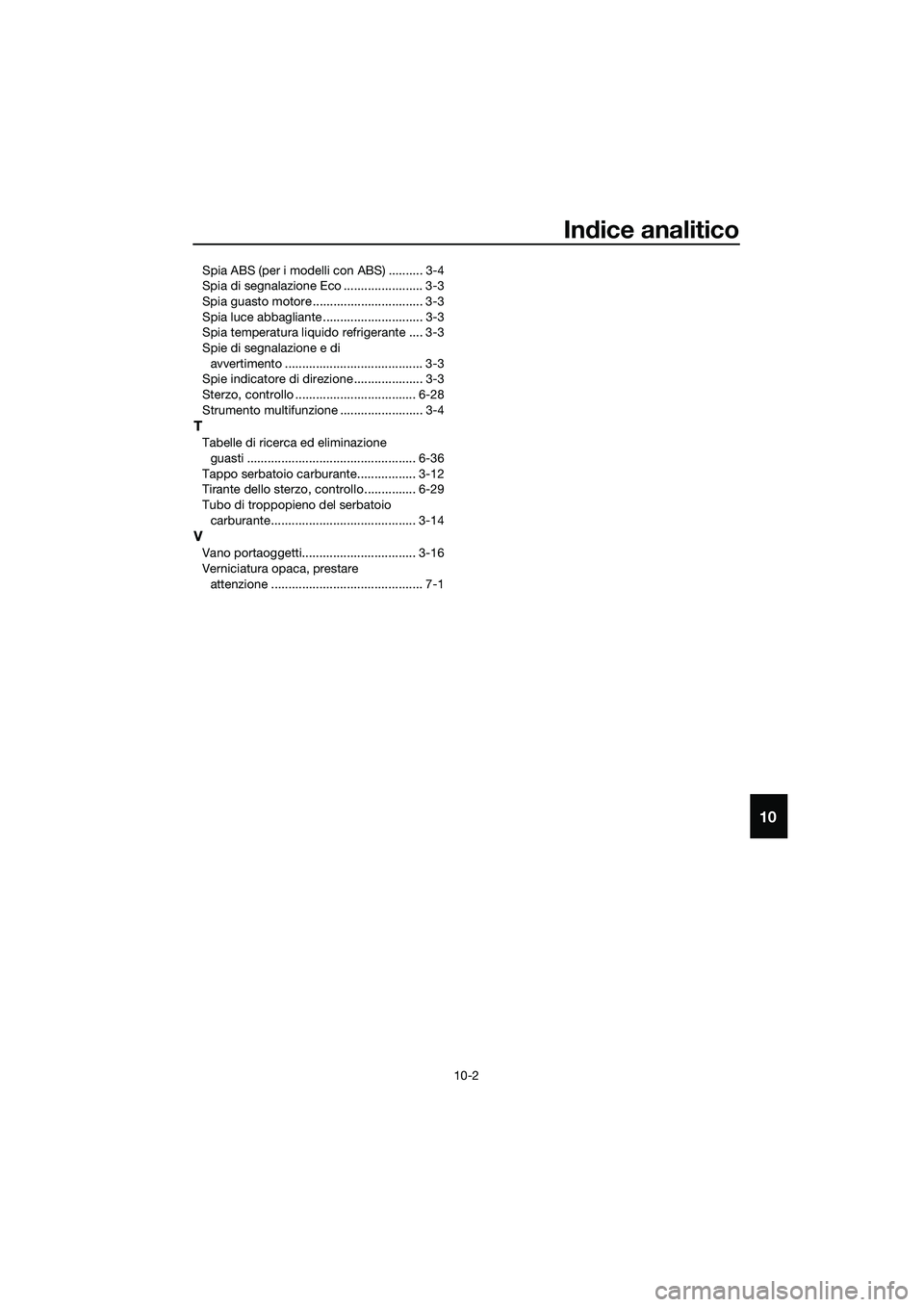 YAMAHA TRICITY 2017  Manuale duso (in Italian) Indice analitico
10-2
10
Spia ABS (per i modelli con ABS) .......... 3-4
Spia di segnalazione Eco ....................... 3-3
Spia guasto motore ................................ 3-3
Spia luce abbaglia