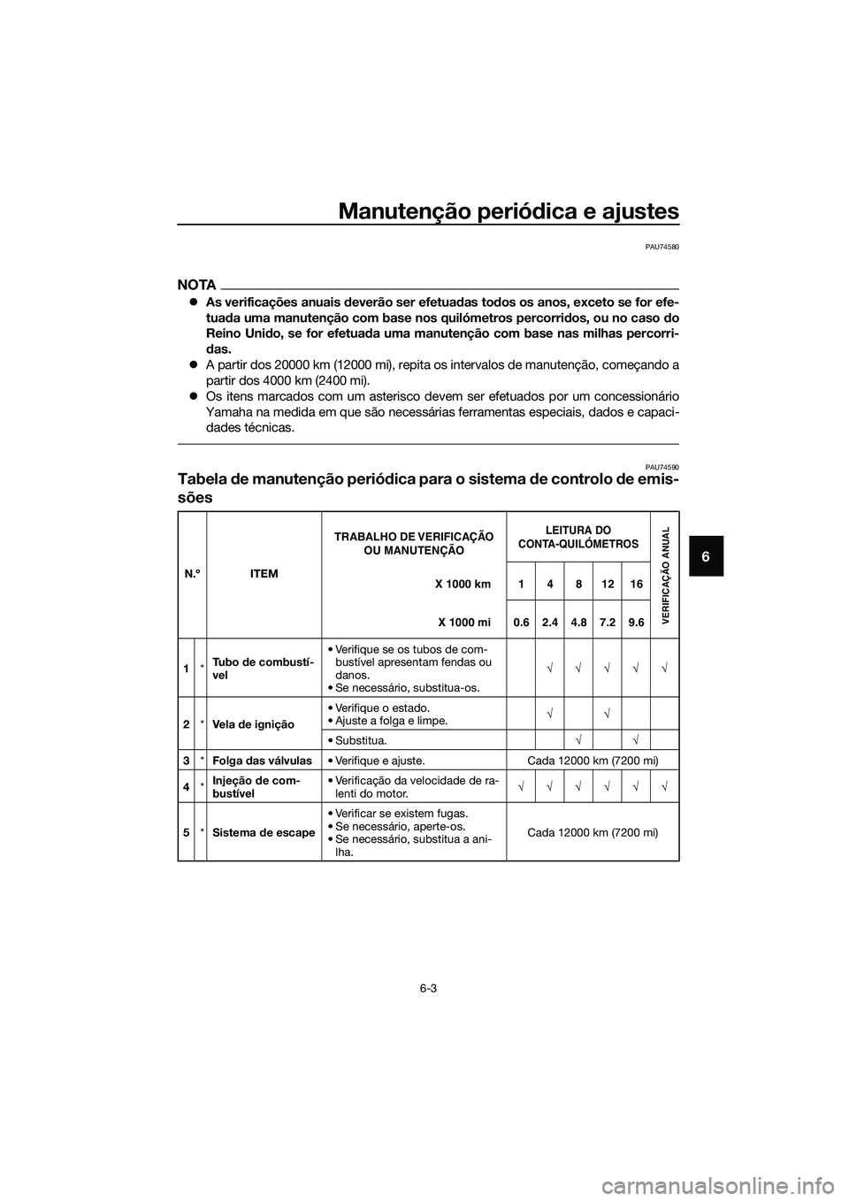 YAMAHA TRICITY 2017  Manual de utilização (in Portuguese) Manutenção periódica e ajustes
6-3
6
PAU74580
NOTA
�zAs verificações anuais deverão ser efetuadas todos os anos, exceto se for efe-
tuada uma manutenção com base nos quilómetros percorridos, 