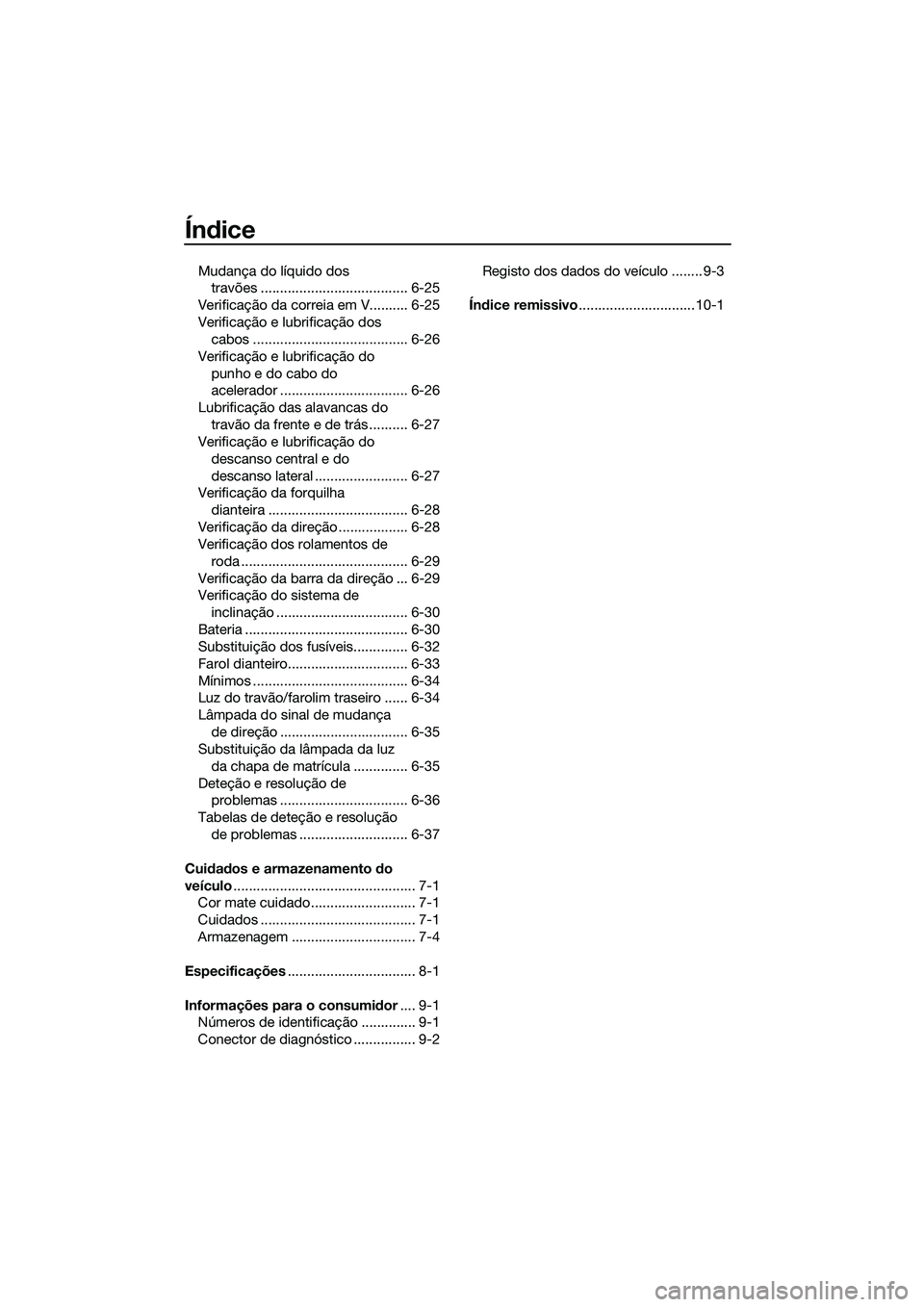 YAMAHA TRICITY 2017 Manual de utilização (in Portuguese) Índice
Mudança do líquido dos
travões ...................................... 6-25
Verificação da correia em V.......... 6-25
Verificação e lubrificação dos
cabos .......................... YAMAHA TRICITY 2017 Manual de utilização (in Portuguese) Índice
Mudança do líquido dos
travões ...................................... 6-25
Verificação da correia em V.......... 6-25
Verificação e lubrificação dos
cabos ..........................
