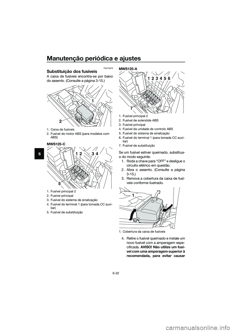 YAMAHA TRICITY 2017  Manual de utilização (in Portuguese) Manutenção periódica e ajustes
6-32
6
PAU74670
Substituição dos fusíveis
A caixa de fusíveis encontra-se por baixo
do assento. (Consulte a página 3-15.)
MWS125-CMWS125-A
Se um fusível estiver