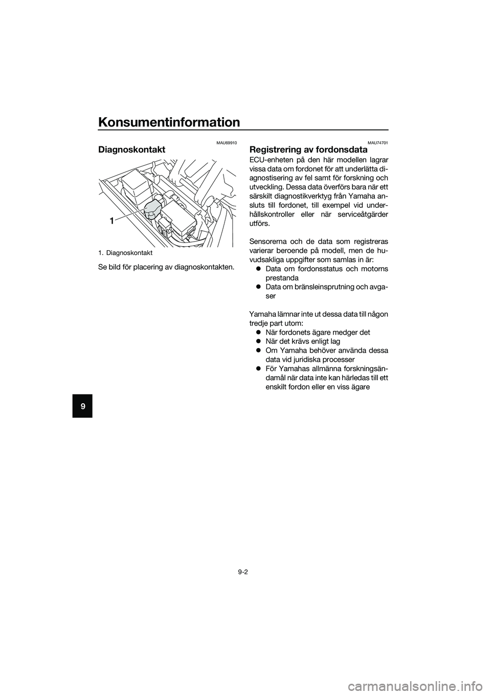 YAMAHA TRICITY 2017 Bruksanvisningar (in Swedish) Konsumentinformation
9-2
9
MAU69910
Diagnoskontakt
Se bild för placering av diagnoskontakten.
MAU74701
Registrering av fordonsdata
ECU-enheten på den här modellen lagrar
vissa data om fordonet för YAMAHA TRICITY 2017 Bruksanvisningar (in Swedish) Konsumentinformation
9-2
9
MAU69910
Diagnoskontakt
Se bild för placering av diagnoskontakten.
MAU74701
Registrering av fordonsdata
ECU-enheten på den här modellen lagrar
vissa data om fordonet för